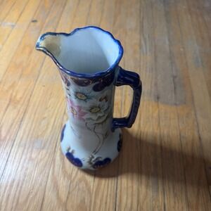 Vintage Hand Painted Japan Porcelain Pitcher Vase Cobalt Blue Gold Floral Gilt